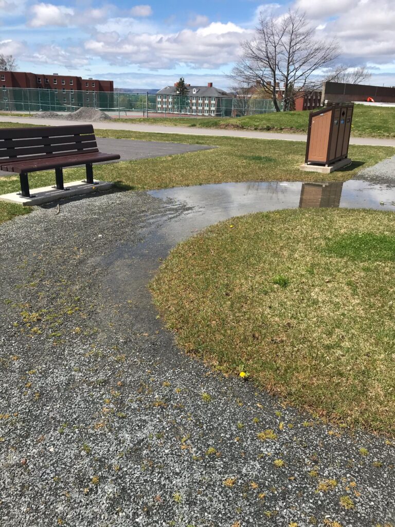 A gravel pathway is flooded with water. There is grass on both sides and a bench located down the path.