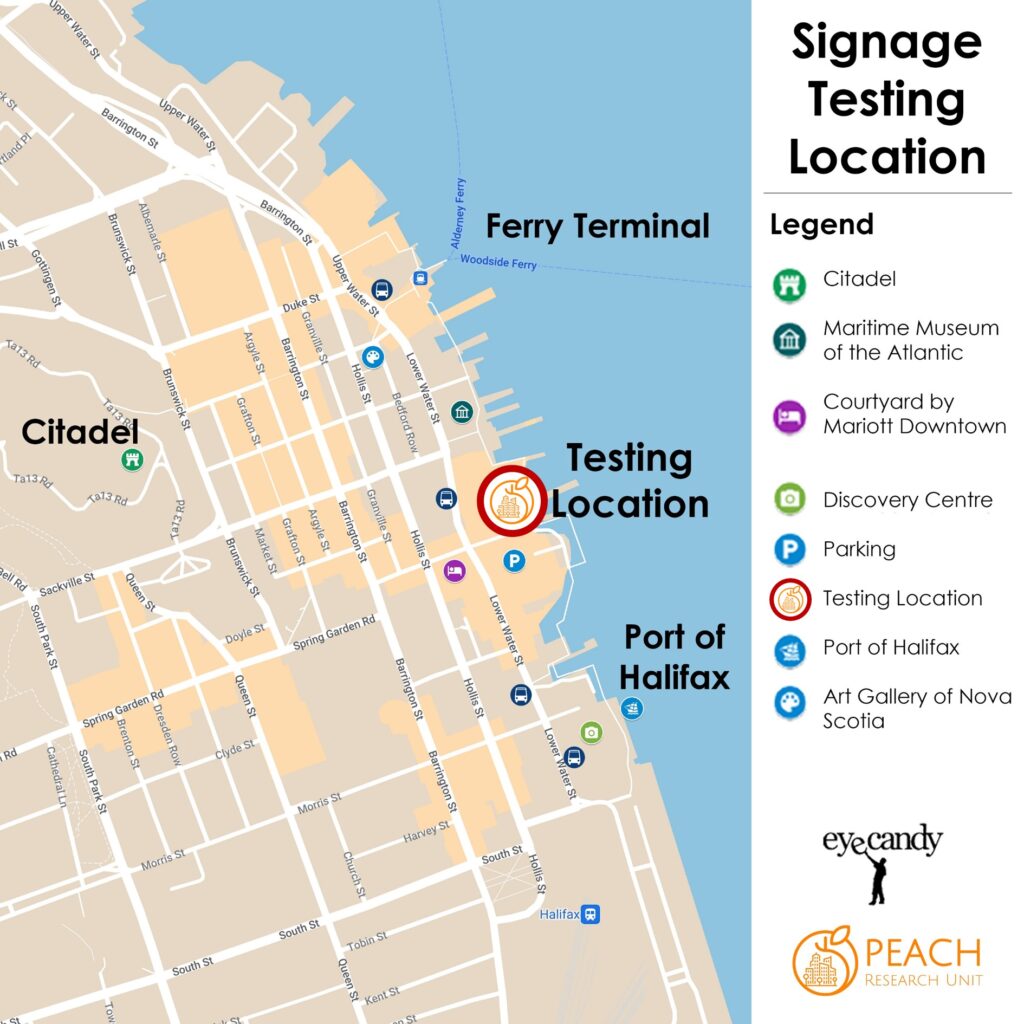 A map of downtown halifax with the signage testing location marked with an icon of the PEACH logo. The Halifax ferry terminal is marked to the north, the citadel to the west, and the port of Halifax to the south.