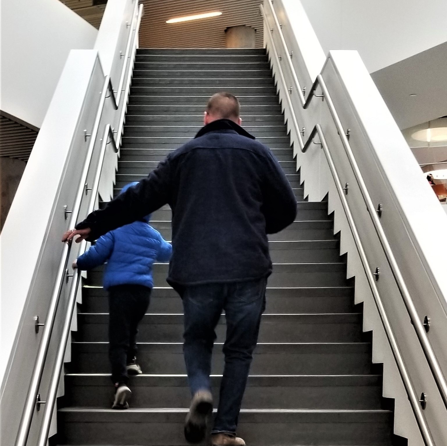 A man and young child walking up a staircase holding two heights of handrail.