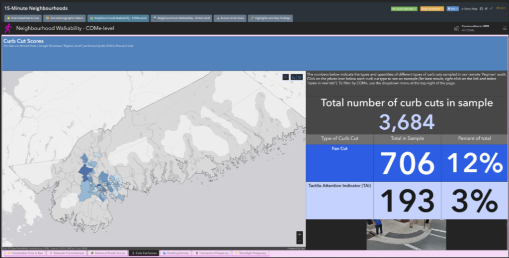 A screenshot of an online map displaying the number of curb cuts sampled.