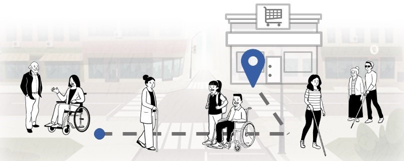 A cartoon of several people walking along a street. Some people are using mobility aids. A dotted line on the street symbolizes the beginning and end of a journey.