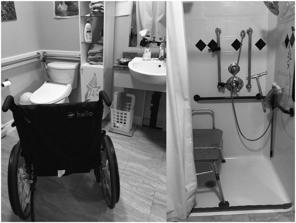Two black and white photos side-by-side showing a bathroom with a roll-in shower that has a shower seat, grab bars, and hose shower head.