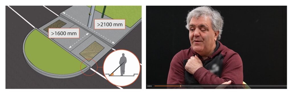 Two images side by side. Left: A 3D computer model of a traffic median with pedestrian pathway measurements. Right: A still image of a video of a grey-haired man sitting and speaking to the camera.